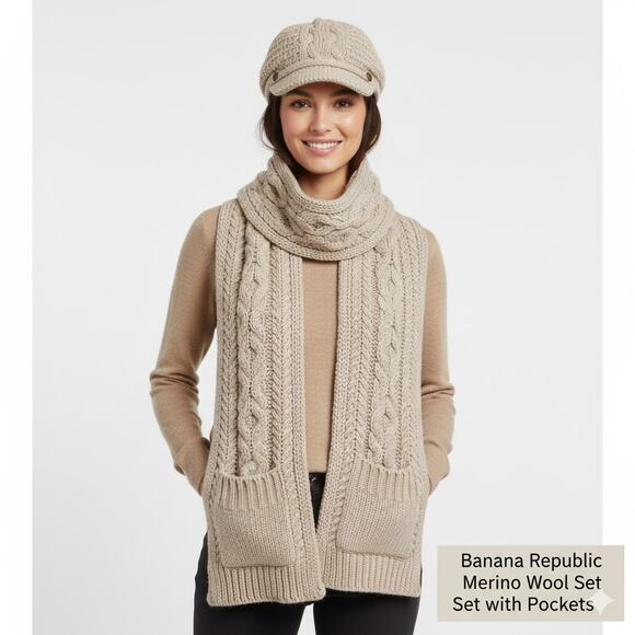 Banana Republic Merino Wool Hat Scarf Set Pockets Newsboy Beanie Tan Extra Fine